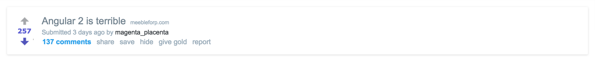 Screenshot of Reddit thread 'Angular 2 is terrible'